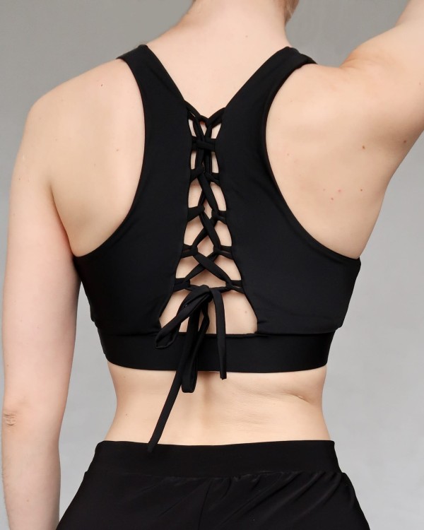 Top czarny wiązane paski pole dance na duży biust podtrzymanie