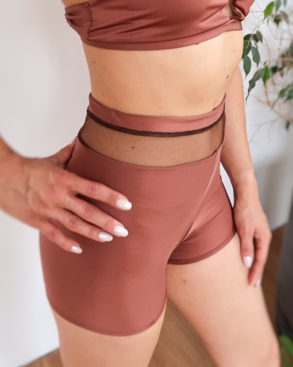Szorty pole dance z siateczką zakryte wysoki stan brązowe