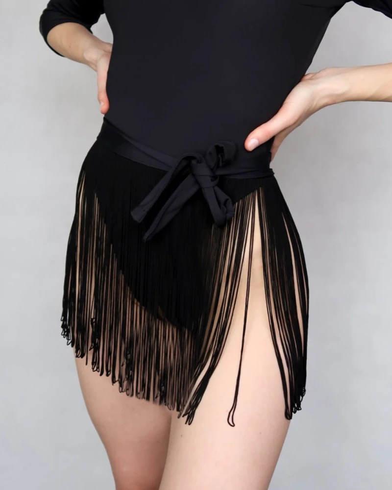 Komple exotic pole dance czarne body odkryte wiązane plecy spódnica z frędzlami