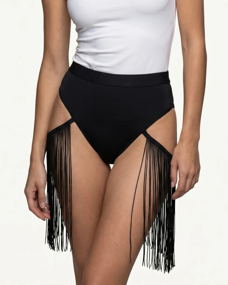 Szorty exotic pole dance z frędzlami odkryte czarne