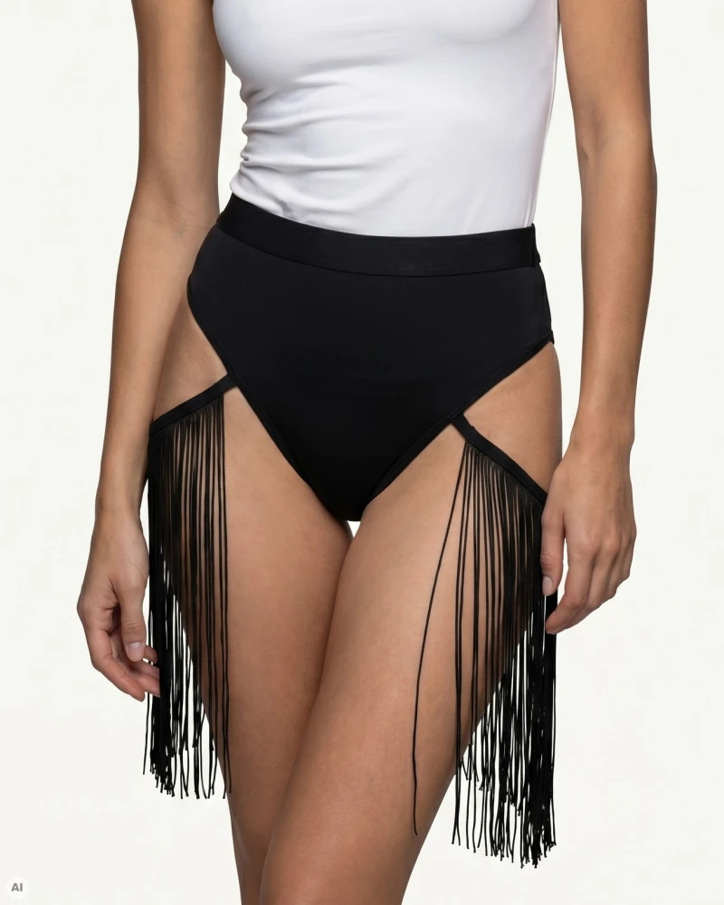 Szorty exotic pole dance z frędzlami odkryte czarne